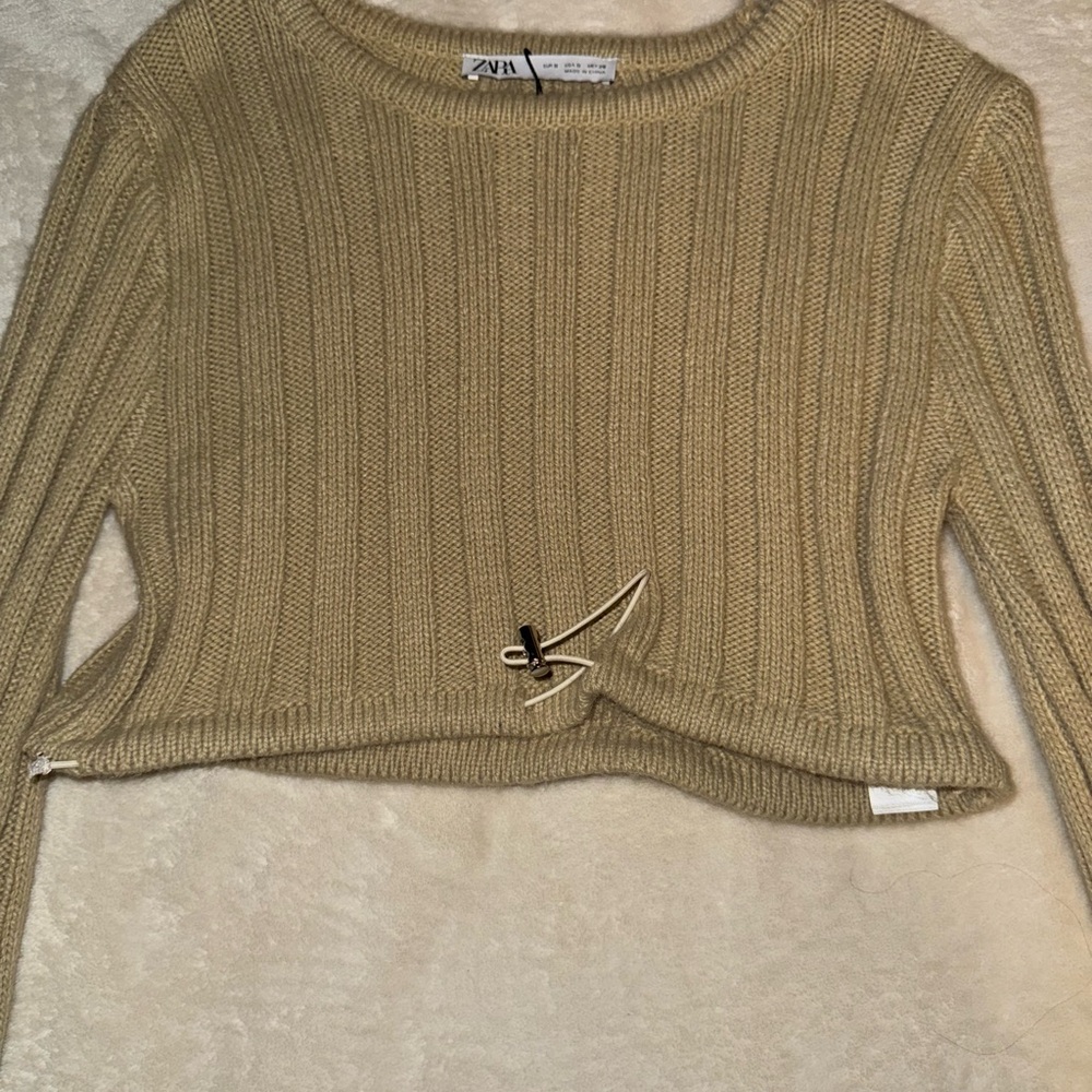 Zara Tan Ribbed Crew Neck Sweater with Bow Detail